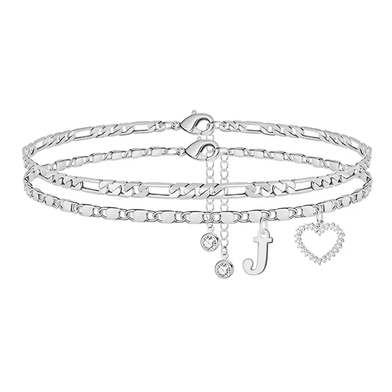 🎁 14k-Gold Plated-Double-Layer 26-Letter-Tone Chain Heart-Shaped Anklet with a  heart-shaped  pendant