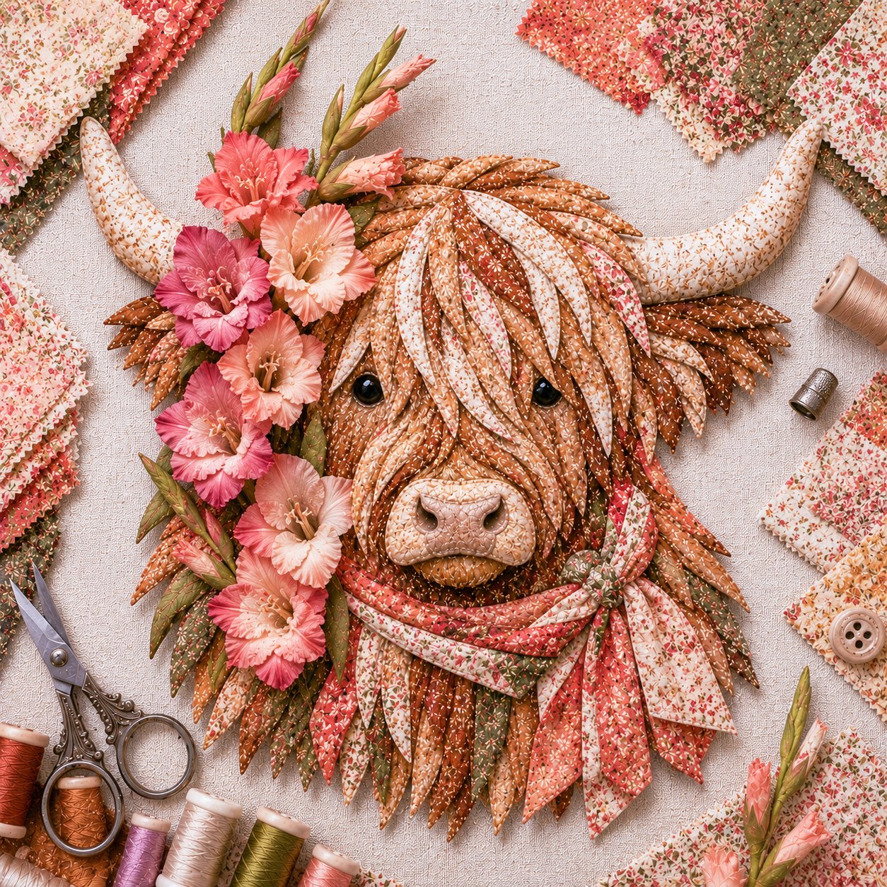 🐮💐🌸 Birth Flower Highland Cow 3D Layered Fabric Art DIY Kit (Beginner-friendly) 🔥