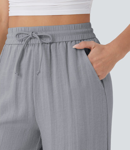 Women Summer High Waisted Drawstring Pocket Wide Leg Casual Linen-Feel Pants