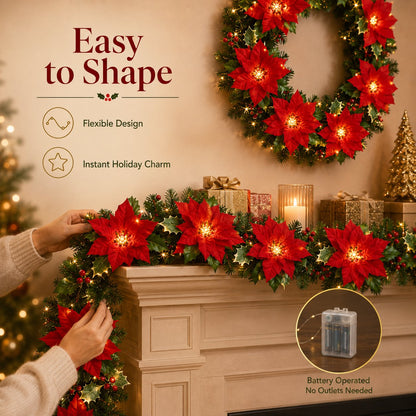 🎄✨Christmas Poinsettia LED Garland String Lights, Holiday Xmas Decor