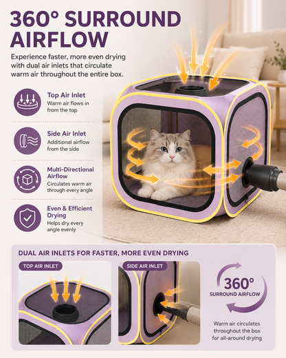 Foldable Dual-Vent Pet Dryer Box, Scratch Resistant Pet Drying Cage, Portable Pet Blow Dryer Tent for Home Bath Grooming SPA for Cats and Dogs