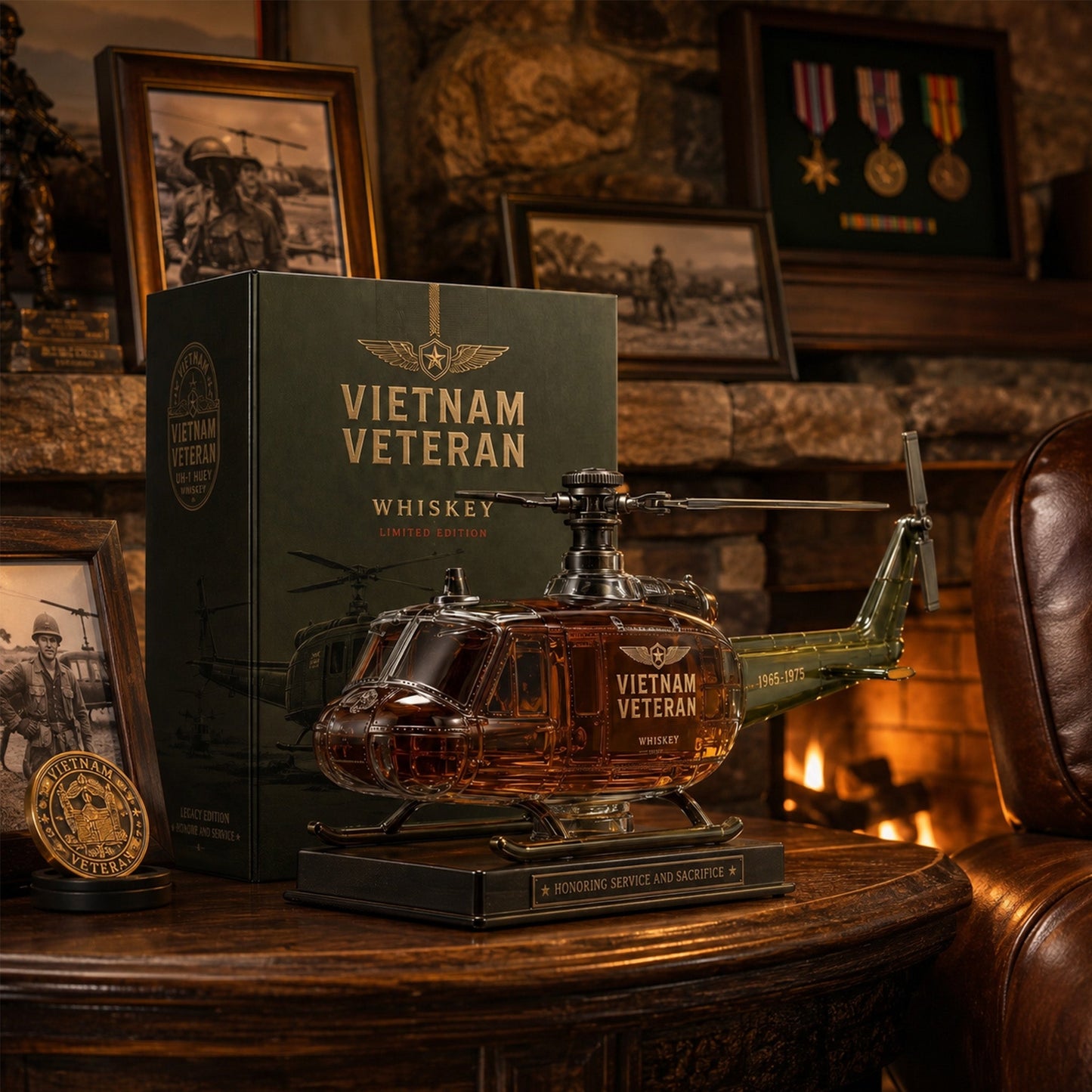 Vietnam Veteran Military Helicopter 1965-1975 Whiskey Bottle
