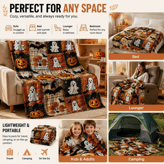 🎃🔥Halloween Pumpkin & Bat Flannel Throw Blanket, Soft Lightweight Cozy Blanket for Sofa &  Bed