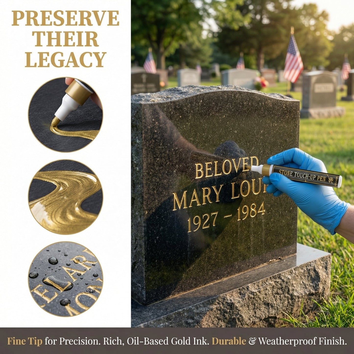 🔥HOT SALE🕊️Golden Tombstone Marker Pen, Waterproof Weather‑Resistant Pen for Restoring Faded Grave Inscriptions