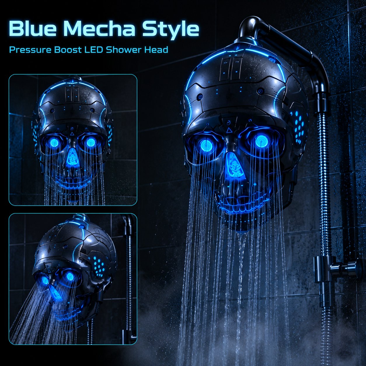 🚿👾Cyber Mecha Skull Color Changing LED Pressure Boost Shower Head