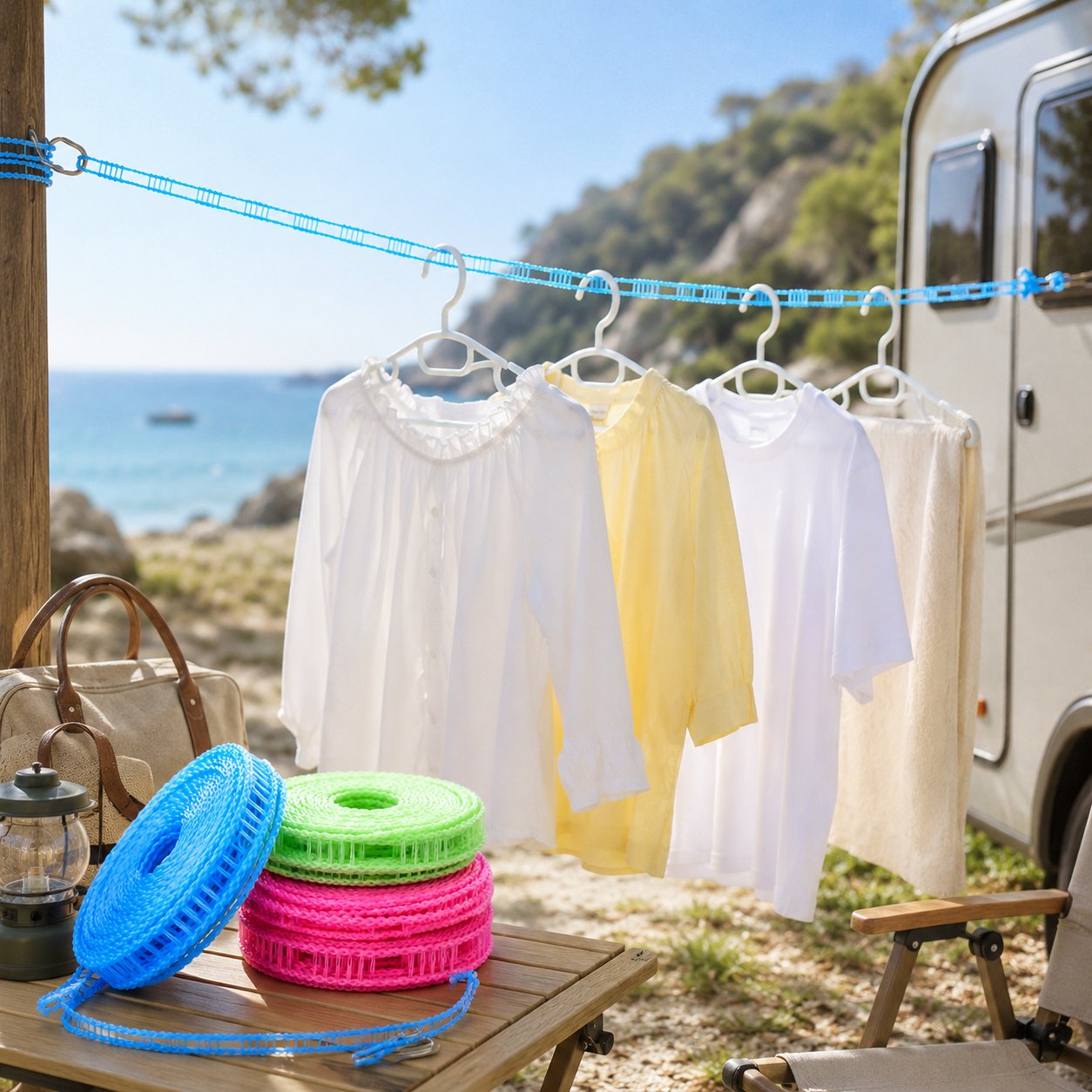 🔥Adjustable Windproof Clothesline with Hooks - Portable Heavy Duty Travel Laundry Line for Outdoor, Backyard, Camping & Indoor Drying