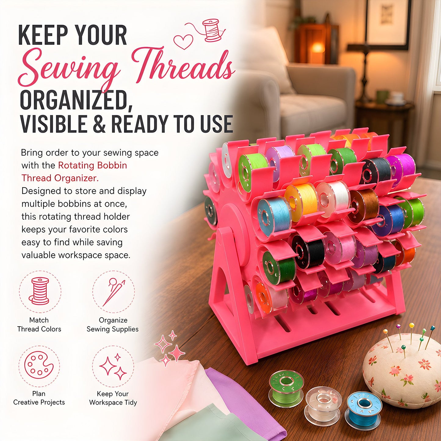 🔥Last Day 50% Off🧵Rotating Bobbin & Thread Storage Organizer