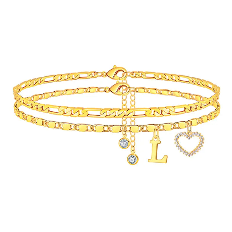 🎁 14k-Gold Plated-Double-Layer 26-Letter-Tone Chain Heart-Shaped Anklet with a  heart-shaped  pendant