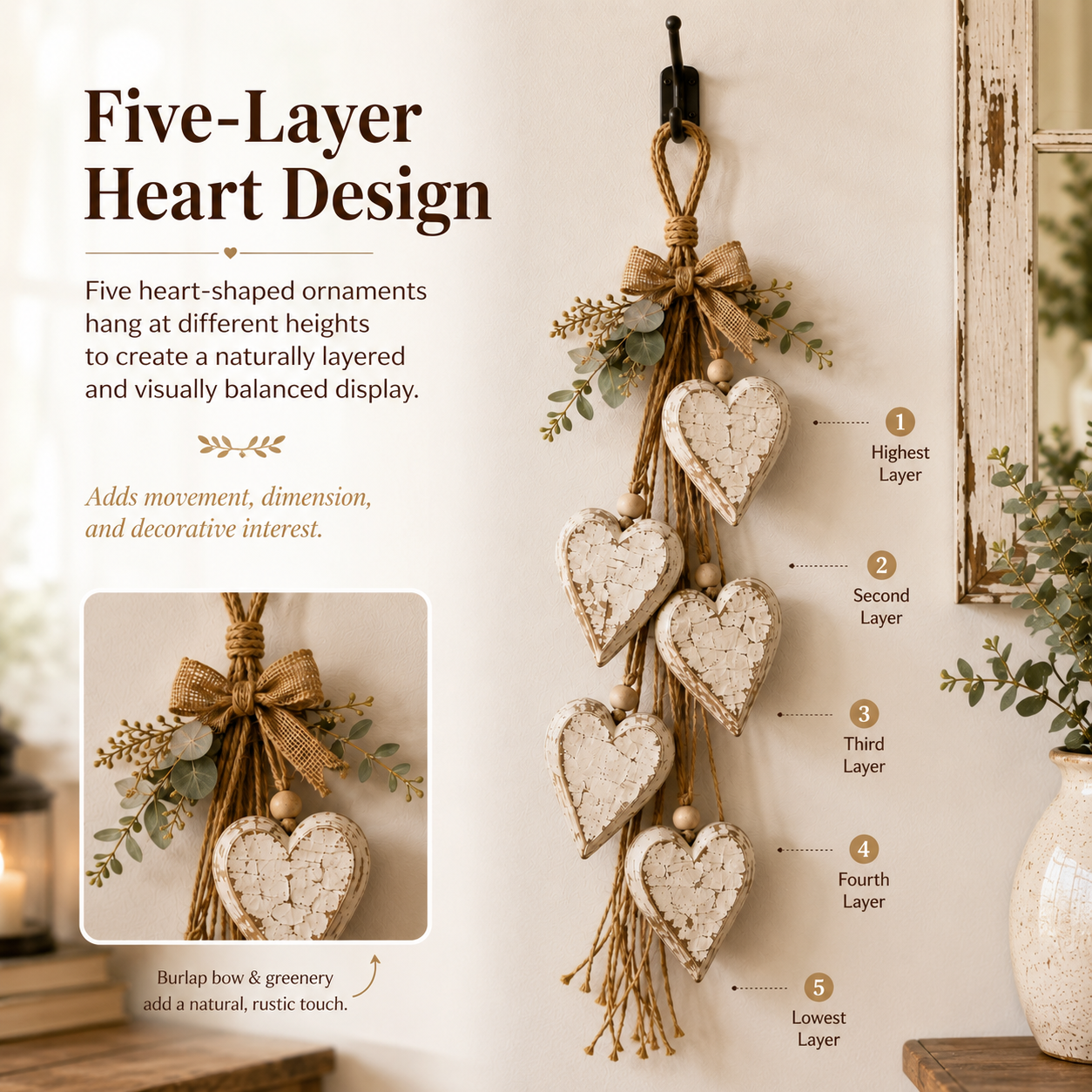 🤎 Hanging Heart Wall Decor | Romantic Heart‑Shaped Wall Hanging Ornament