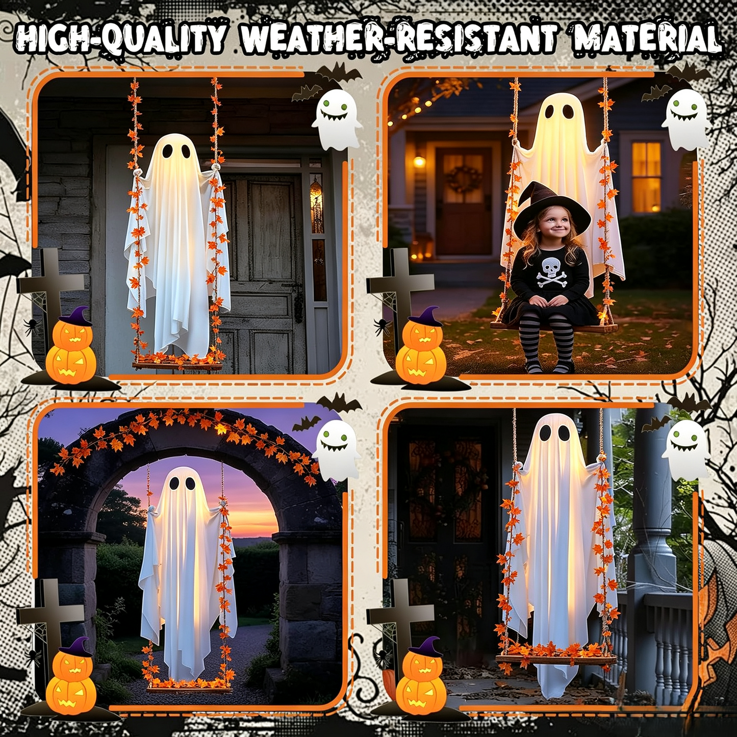👻✨LED Hanging Ghost Swing Decoration, 5FT Remote Controlled Halloween Outdoor Hanging Decor🎃