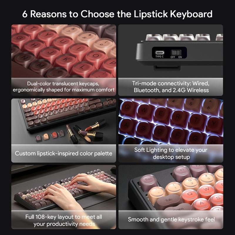 🔥50% OFF！💄 IP108 Lipstick Shape Wireless Mechanical Keyboard, Tri-Mode RGB Desk Keyboard✨