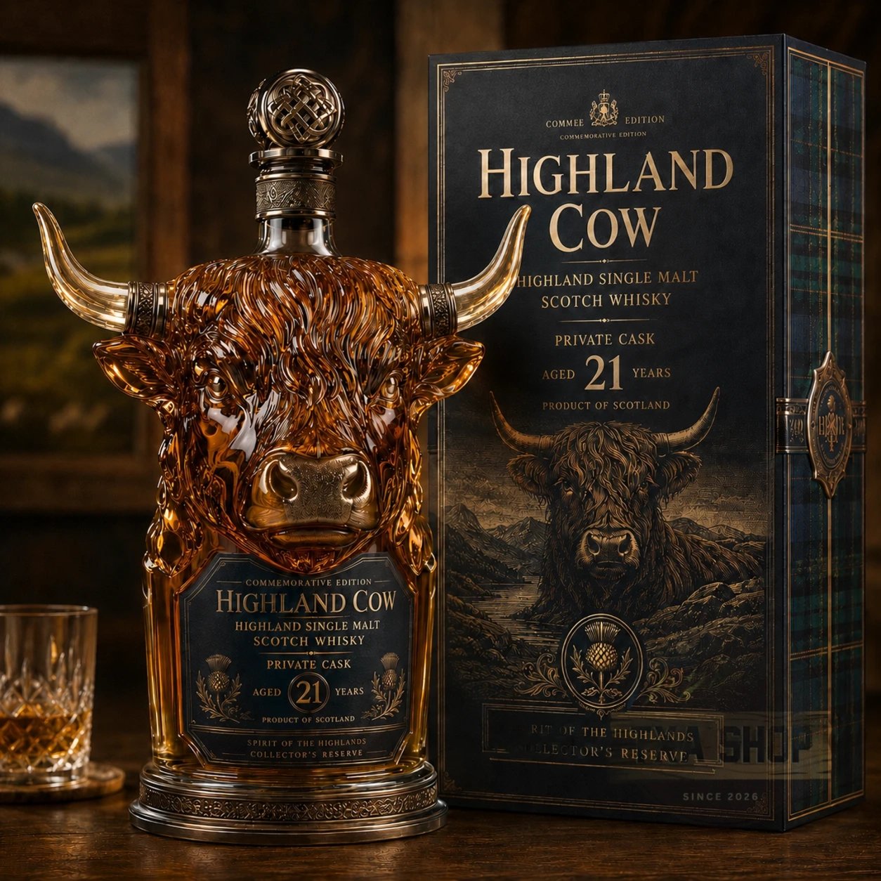 Highland Cow Private Cask 21 Years Cow Head Shaped Scotch Whisky Bottle