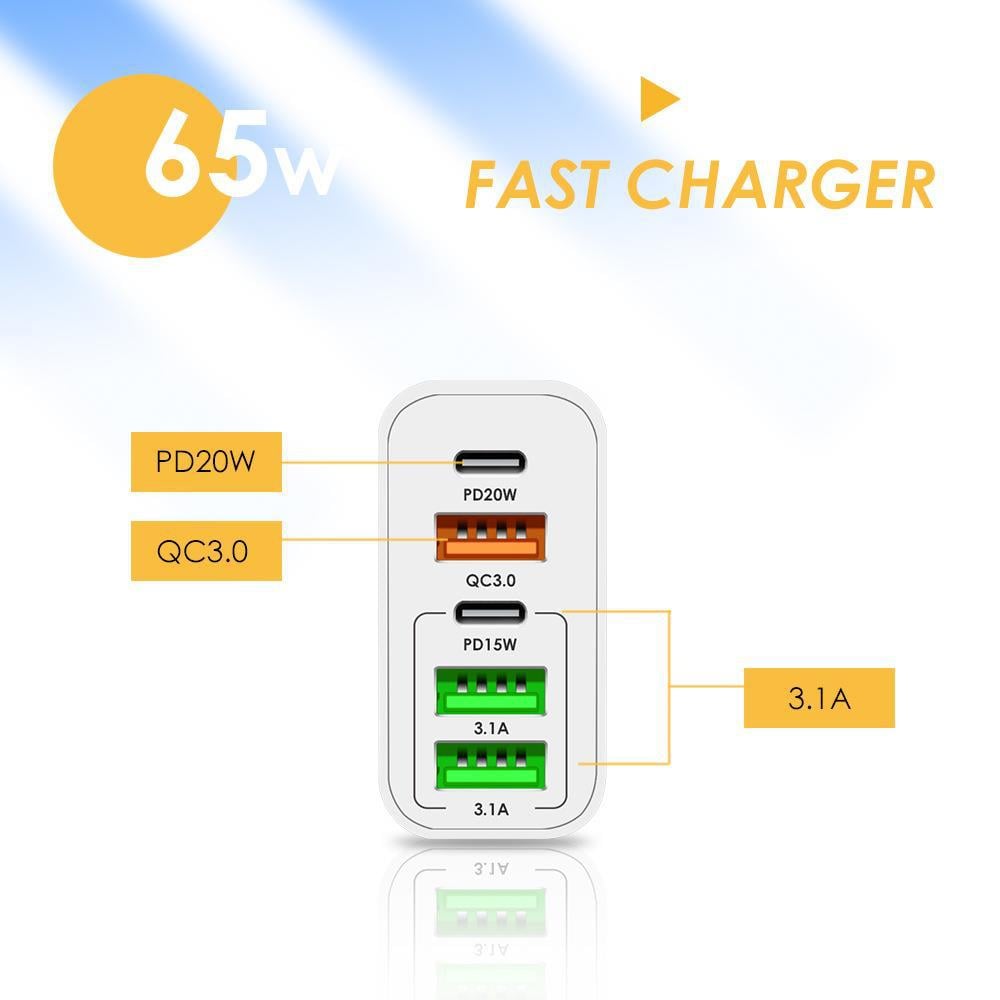 ⚡65W 5-Port Fast Charger｜PD QC Multi USB C Wall Charger