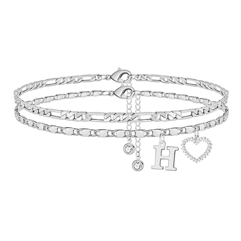 🎁 14k-Gold Plated-Double-Layer 26-Letter-Tone Chain Heart-Shaped Anklet with a  heart-shaped  pendant