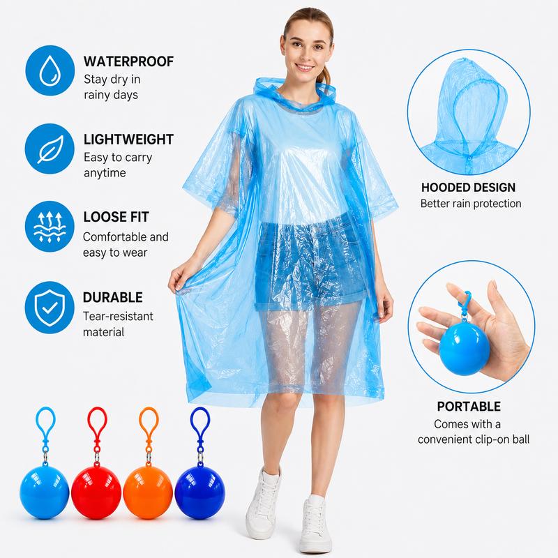 Hooded Disposable Rain Poncho, Waterproof Tear-Resistant Portable Raincoat with Keychain Ball
