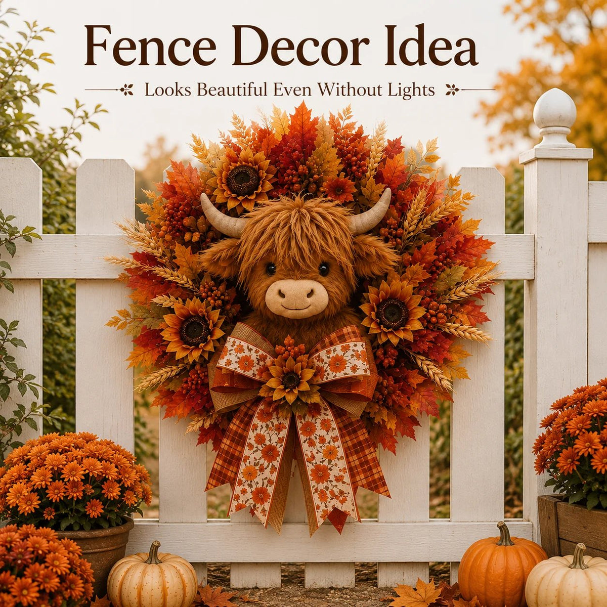 🍂🐮Autumn Highland cow wreath decoration with lights