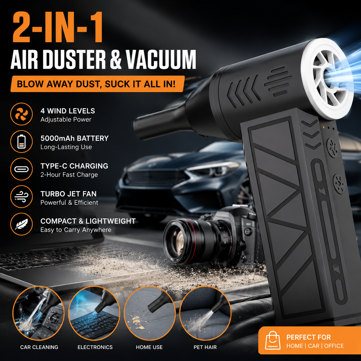 2-in-1 Cordless Air Duster & Vacuum – 130,000 RPM Rechargeable Turbo Blower