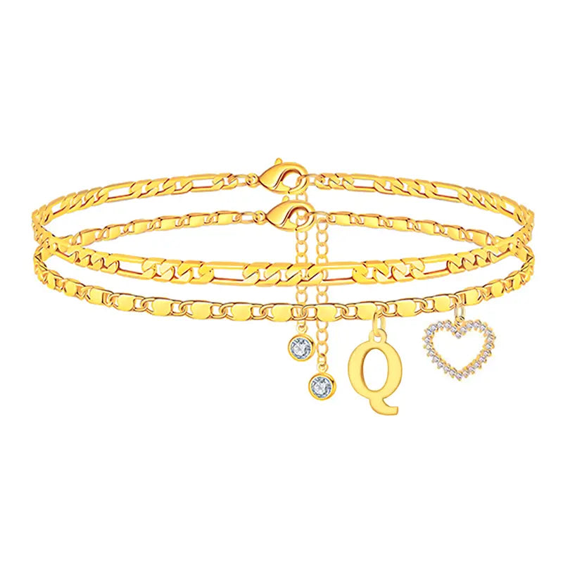 🎁 14k-Gold Plated-Double-Layer 26-Letter-Tone Chain Heart-Shaped Anklet with a  heart-shaped  pendant
