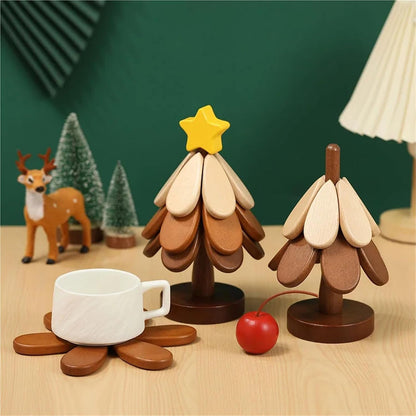 🪵 Solid Wood Heat Resistant, Protect Table From Scalding - Tree Shaped Foldable Wooden Trivet🎄