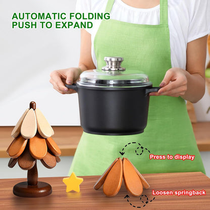 🪵 Solid Wood Heat Resistant, Protect Table From Scalding - Tree Shaped Foldable Wooden Trivet🎄