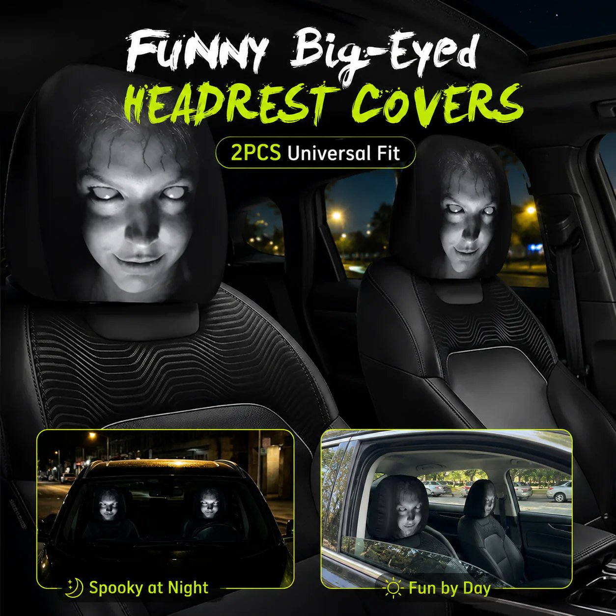 🔥😆 Funny Cartoon Car Headrest Covers – 2PCS Universal Fit  🚗