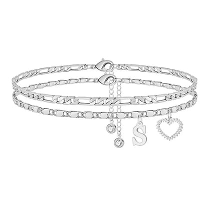 🎁 14k-Gold Plated-Double-Layer 26-Letter-Tone Chain Heart-Shaped Anklet with a  heart-shaped  pendant
