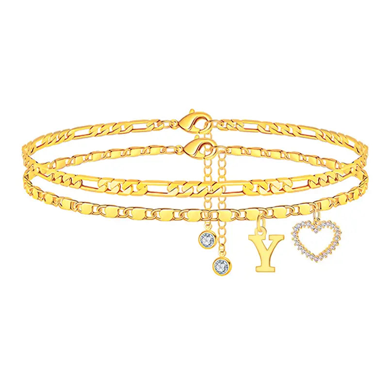 🎁 14k-Gold Plated-Double-Layer 26-Letter-Tone Chain Heart-Shaped Anklet with a  heart-shaped  pendant