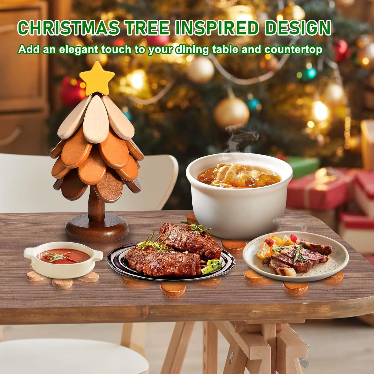 🪵 Solid Wood Heat Resistant, Protect Table From Scalding - Tree Shaped Foldable Wooden Trivet🎄