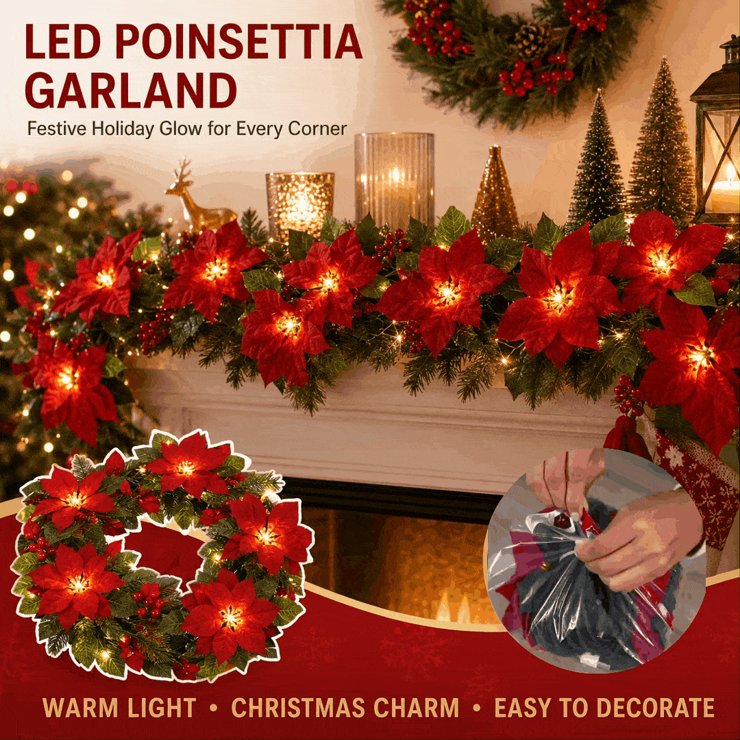 🎄✨Christmas Poinsettia LED Garland String Lights, Holiday Xmas Decor