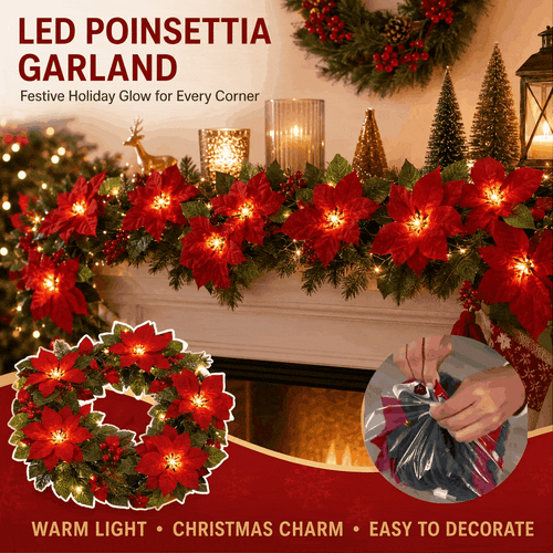 🎄✨Christmas Poinsettia LED Garland String Lights, Holiday Xmas Decor