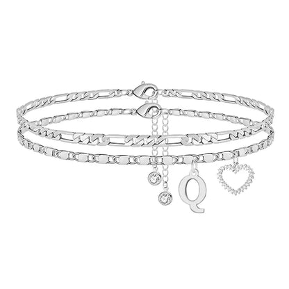 🎁 14k-Gold Plated-Double-Layer 26-Letter-Tone Chain Heart-Shaped Anklet with a  heart-shaped  pendant