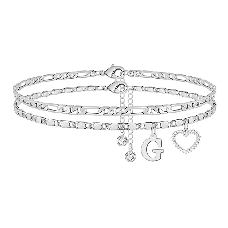 🎁 14k-Gold Plated-Double-Layer 26-Letter-Tone Chain Heart-Shaped Anklet with a  heart-shaped  pendant
