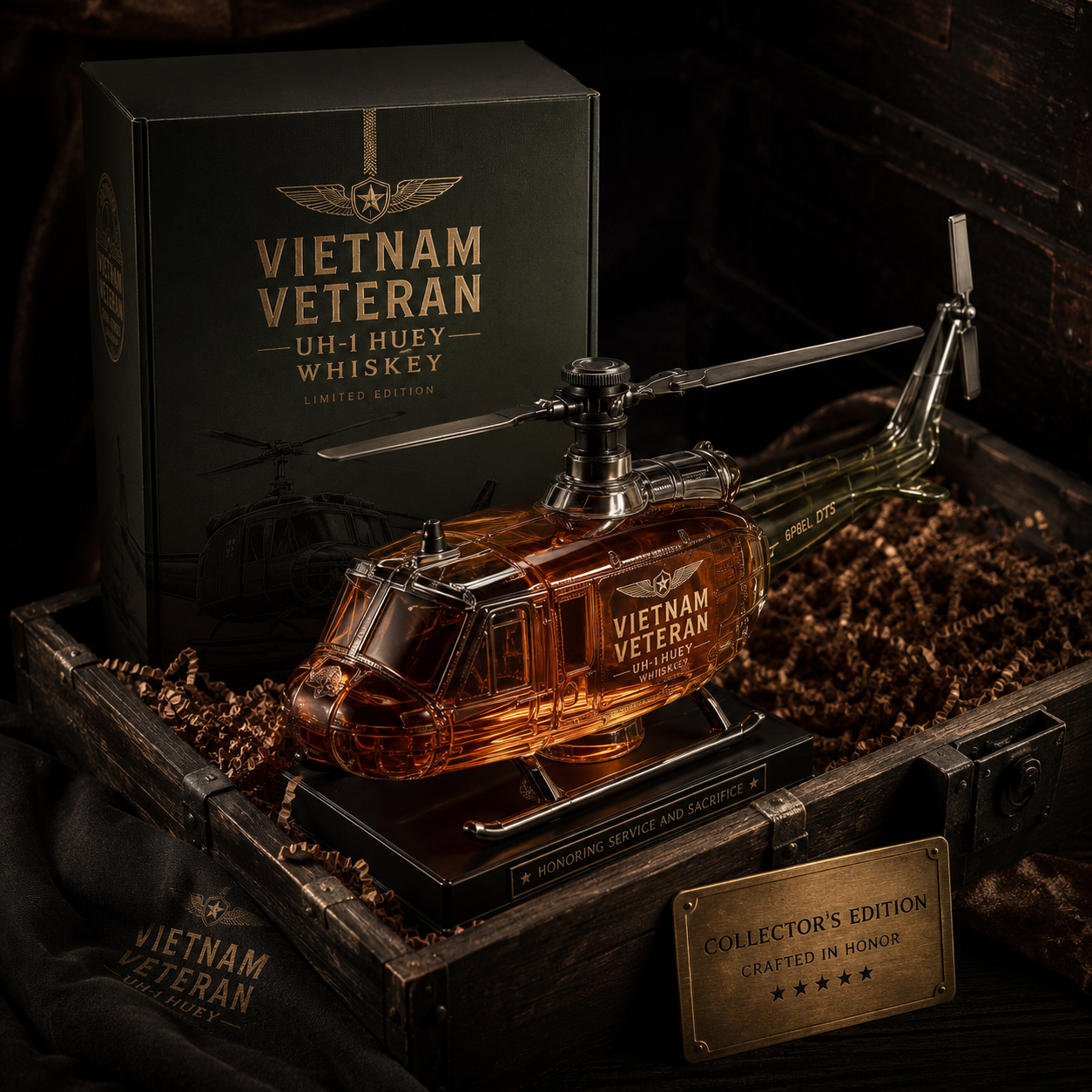 🎖️Vietnam Veteran UH-1 Huey Helicopter 1965-1975 Whiskey Bottle 🚁