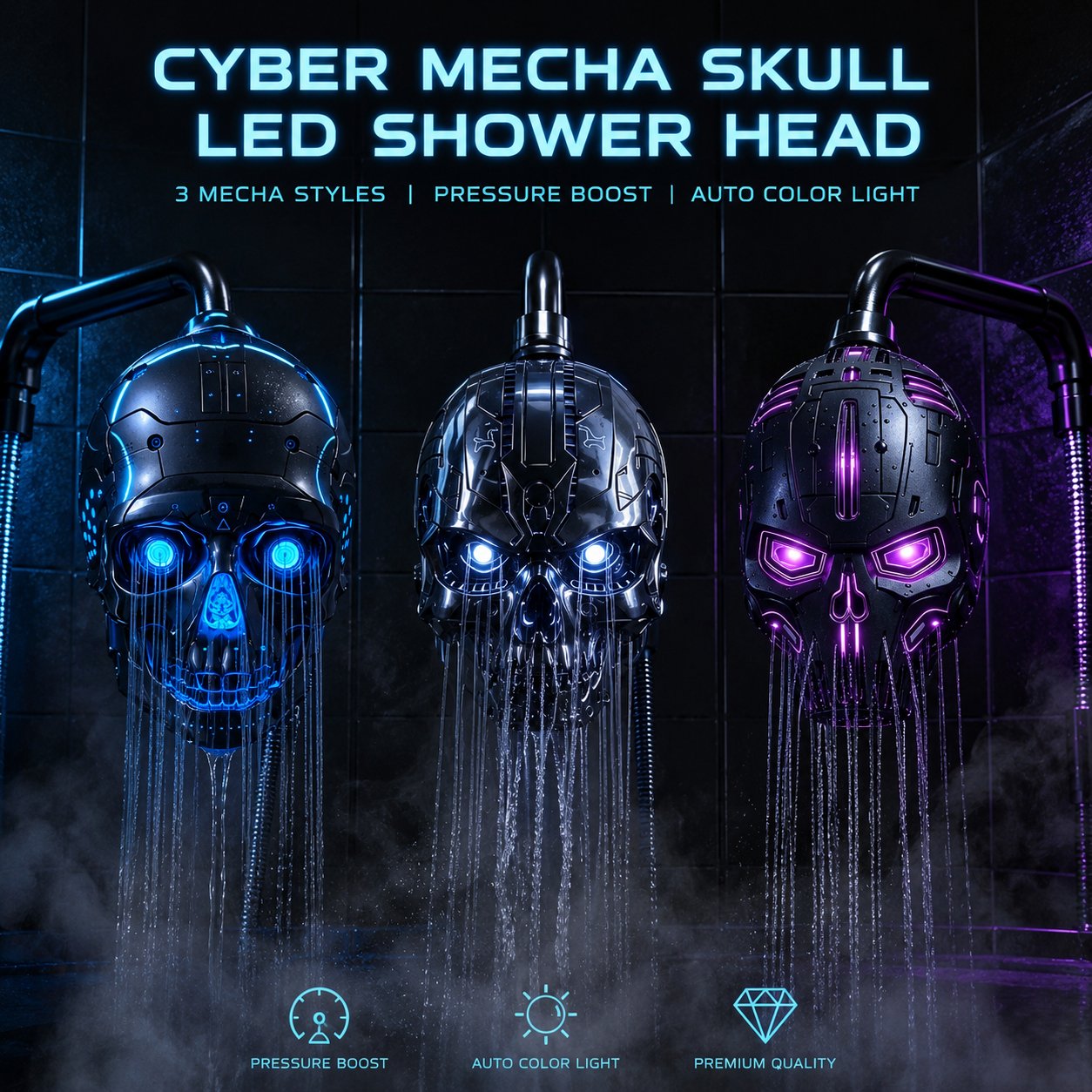 🚿👾Cyber Mecha Skull Color Changing LED Pressure Boost Shower Head