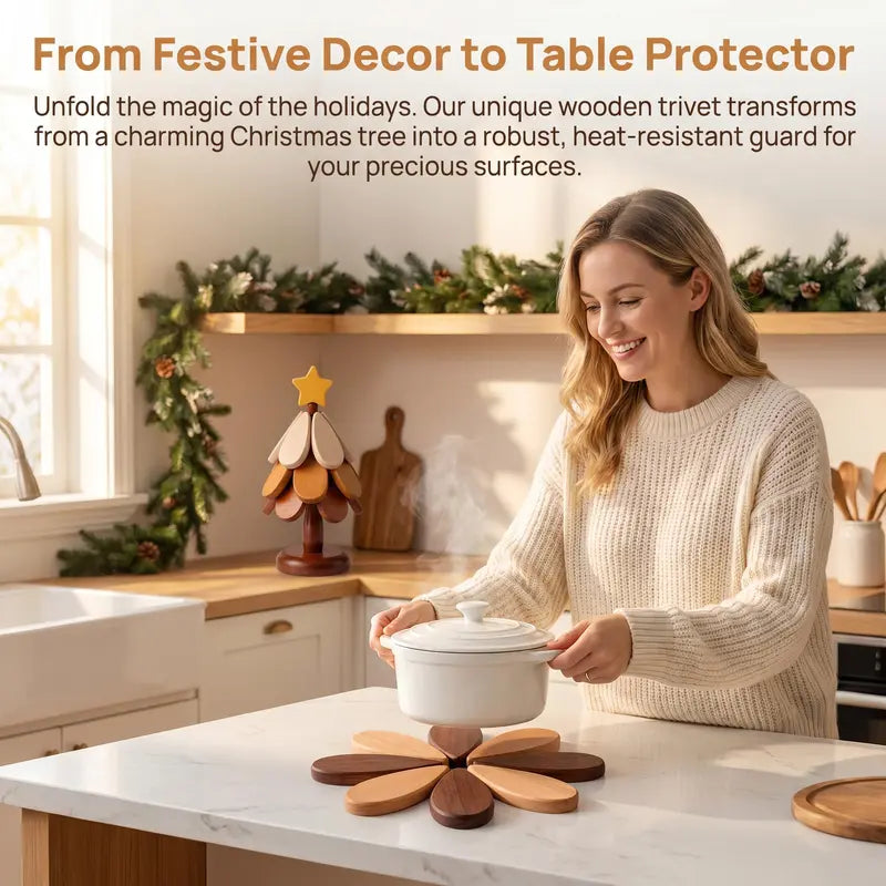 🪵 Solid Wood Heat Resistant, Protect Table From Scalding - Tree Shaped Foldable Wooden Trivet🎄