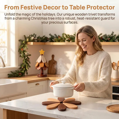 🪵 Solid Wood Heat Resistant, Protect Table From Scalding - Tree Shaped Foldable Wooden Trivet🎄