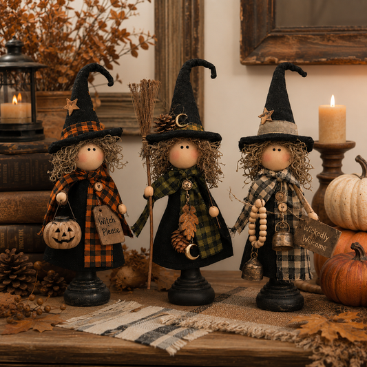 🎃Rustic Halloween Witch Figurines, Set of 3｜Vintage Farmhouse‑Style Tabletop Halloween Decor