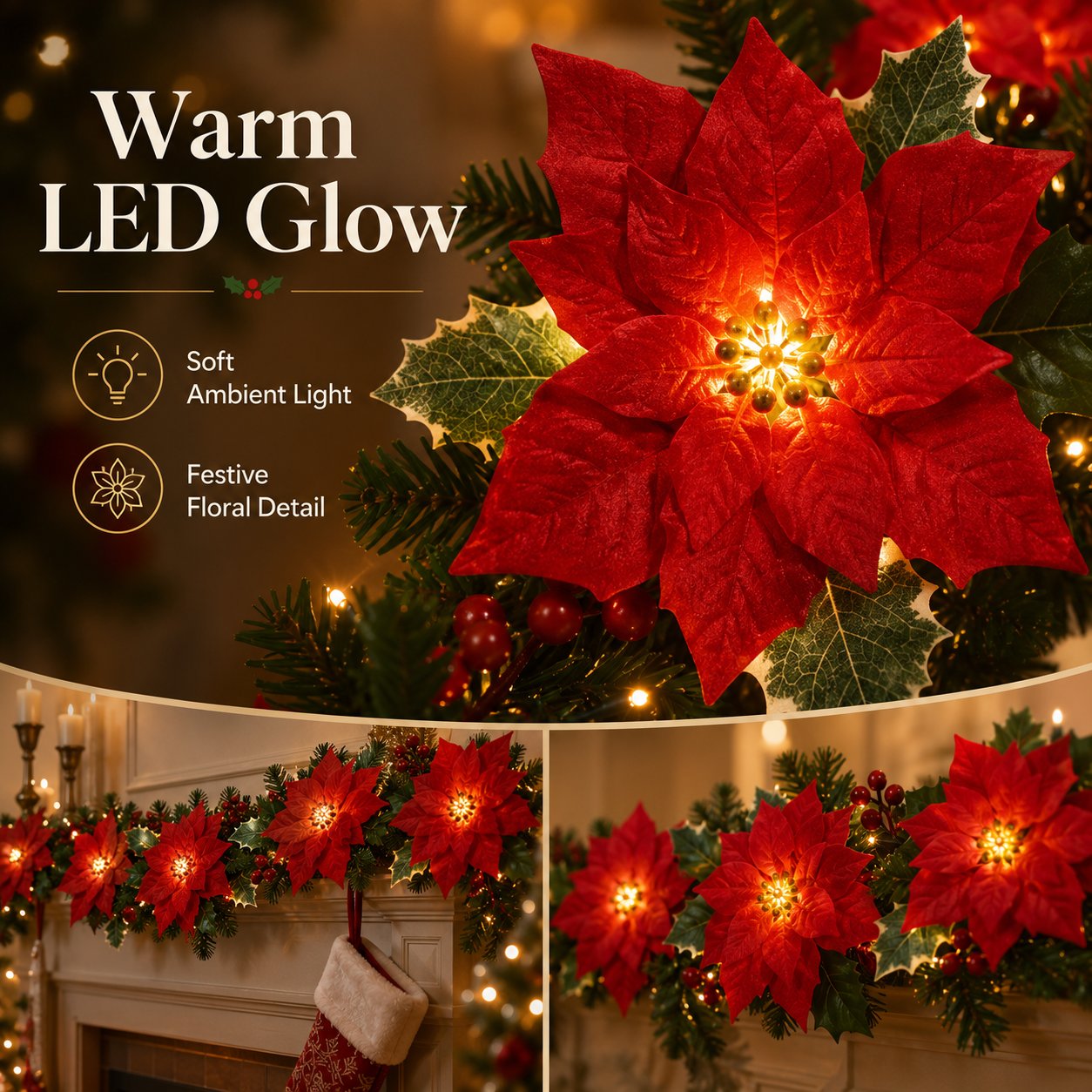 🎄✨Christmas Poinsettia LED Garland String Lights, Holiday Xmas Decor