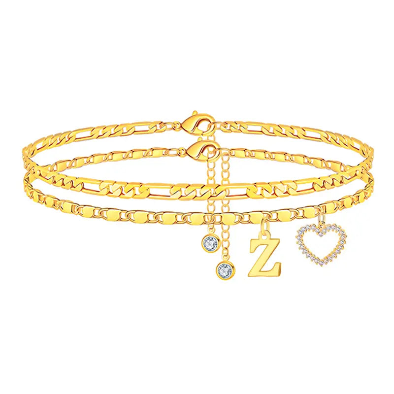 🎁 14k-Gold Plated-Double-Layer 26-Letter-Tone Chain Heart-Shaped Anklet with a  heart-shaped  pendant