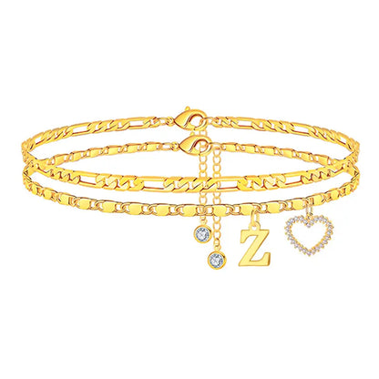 🎁 14k-Gold Plated-Double-Layer 26-Letter-Tone Chain Heart-Shaped Anklet with a  heart-shaped  pendant
