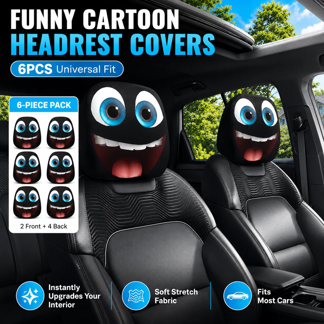 🔥😆 Funny Cartoon Car Headrest Covers – 2PCS Universal Fit  🚗