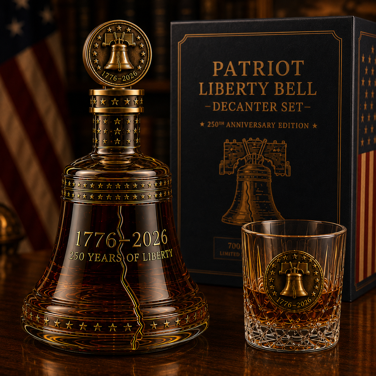 🔔1776–2026 Patriot Liberty Bell Whiskey Decanter Set – 250th Anniversary Collector’s Gift with Matching Glass