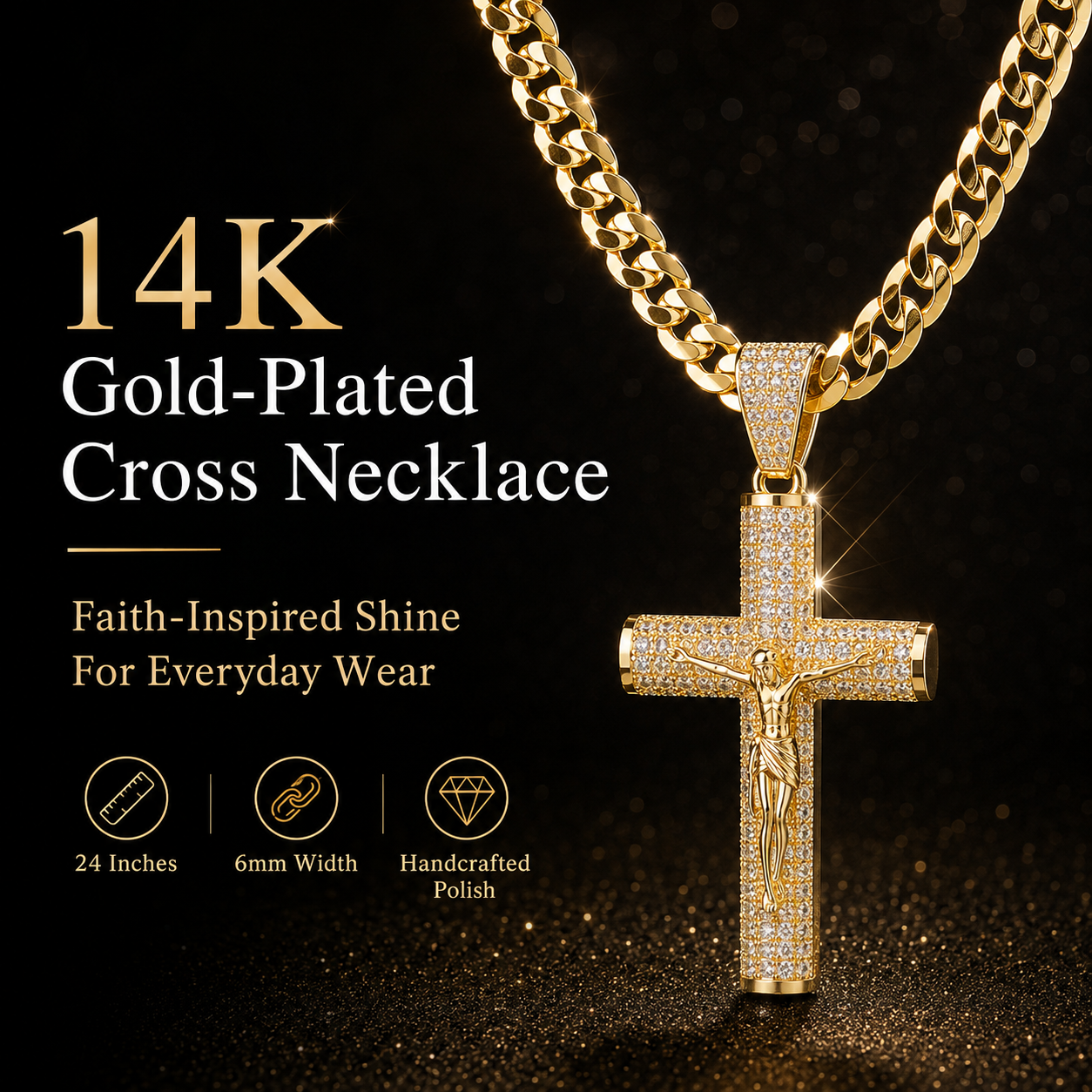 ✨ Gold-Plated Cuban Figaro Cross Necklace – 24' Miami Crucifix, Handcrafted Polished, Perfect Father's Day Gift