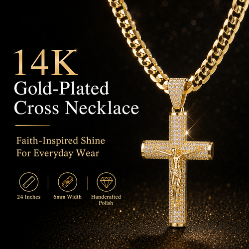 ✨ Gold-Plated Cuban Figaro Cross Necklace – 24' Miami Crucifix, Handcrafted Polished, Perfect Father's Day Gift
