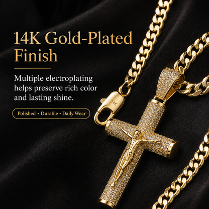 ✨ Gold-Plated Cuban Figaro Cross Necklace – 24' Miami Crucifix, Handcrafted Polished, Perfect Father's Day Gift
