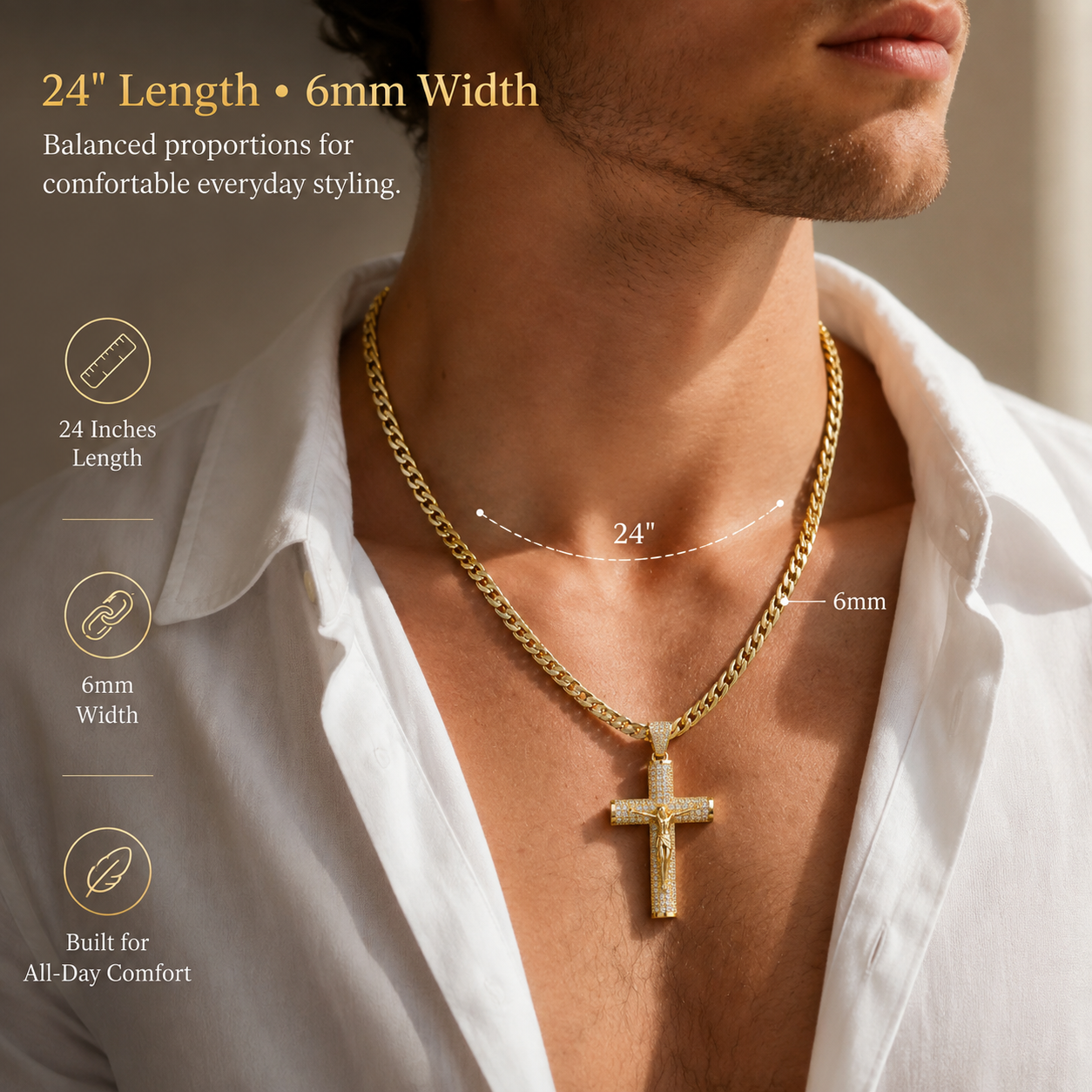 ✨ Gold-Plated Cuban Figaro Cross Necklace – 24' Miami Crucifix, Handcrafted Polished, Perfect Father's Day Gift