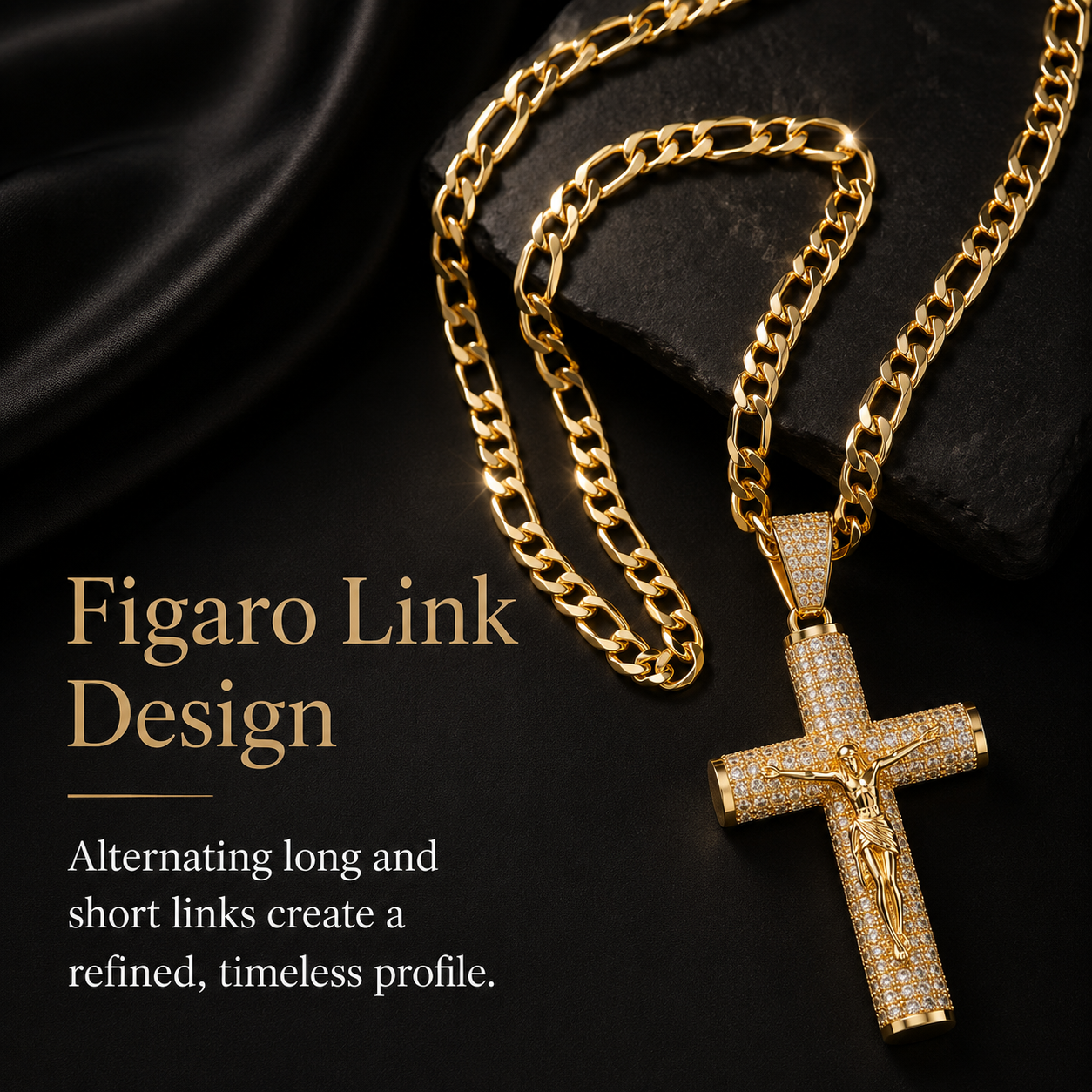 ✨ Gold-Plated Cuban Figaro Cross Necklace – 24' Miami Crucifix, Handcrafted Polished, Perfect Father's Day Gift
