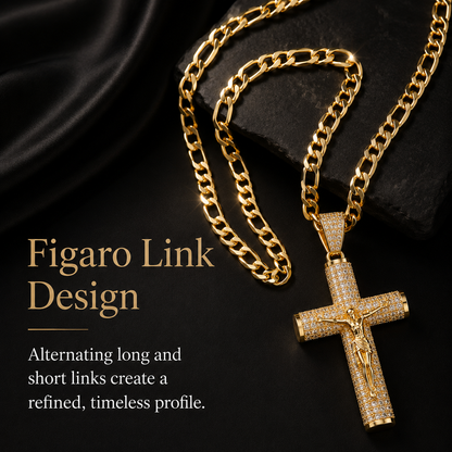 ✨ Gold-Plated Cuban Figaro Cross Necklace – 24' Miami Crucifix, Handcrafted Polished, Perfect Father's Day Gift