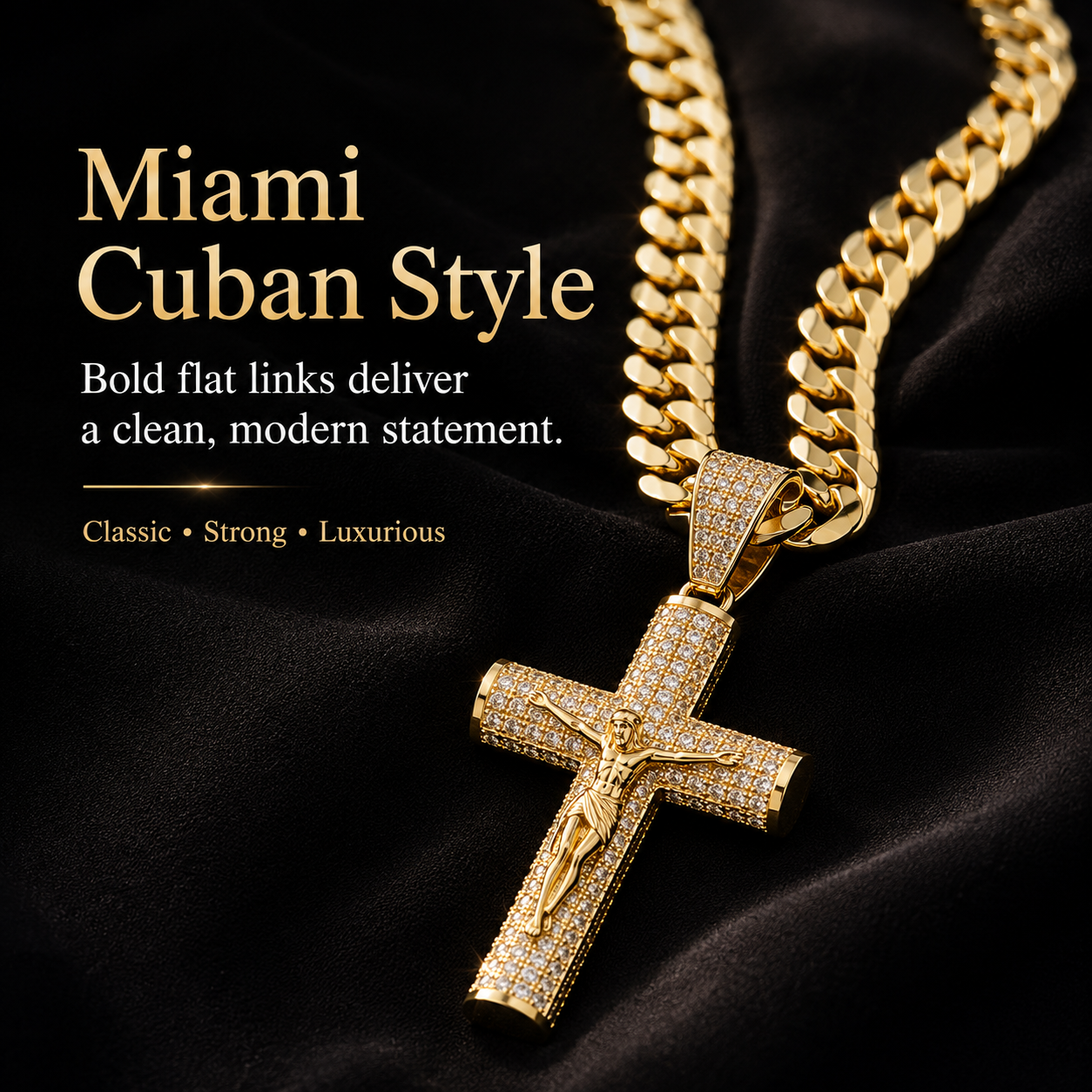 ✨ Gold-Plated Cuban Figaro Cross Necklace – 24' Miami Crucifix, Handcrafted Polished, Perfect Father's Day Gift
