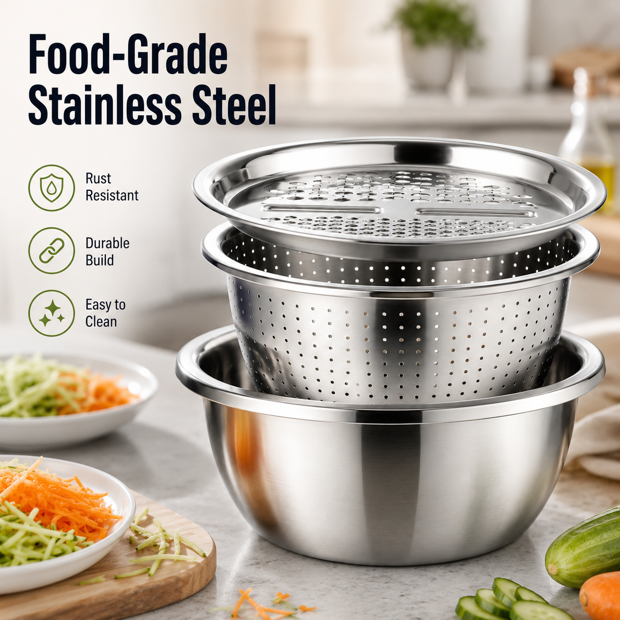 🔥 TODAY ONLY 50% OFF 🥕 3-in-1 Stainless Steel Vegetable Grater Bowl